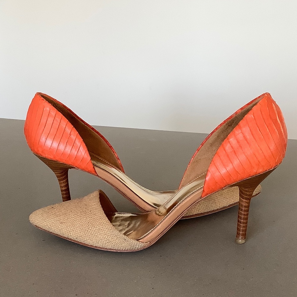 Coach d’Orsay snake leather and burlap pumps in natural and orange size 8.5